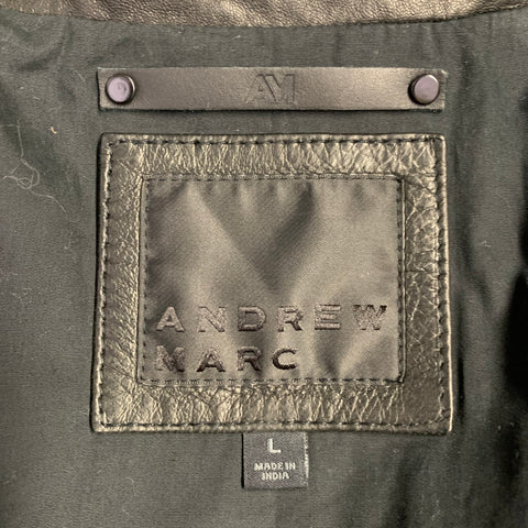 ANDREW MARC Size L Black Leather Zip Up Jacket