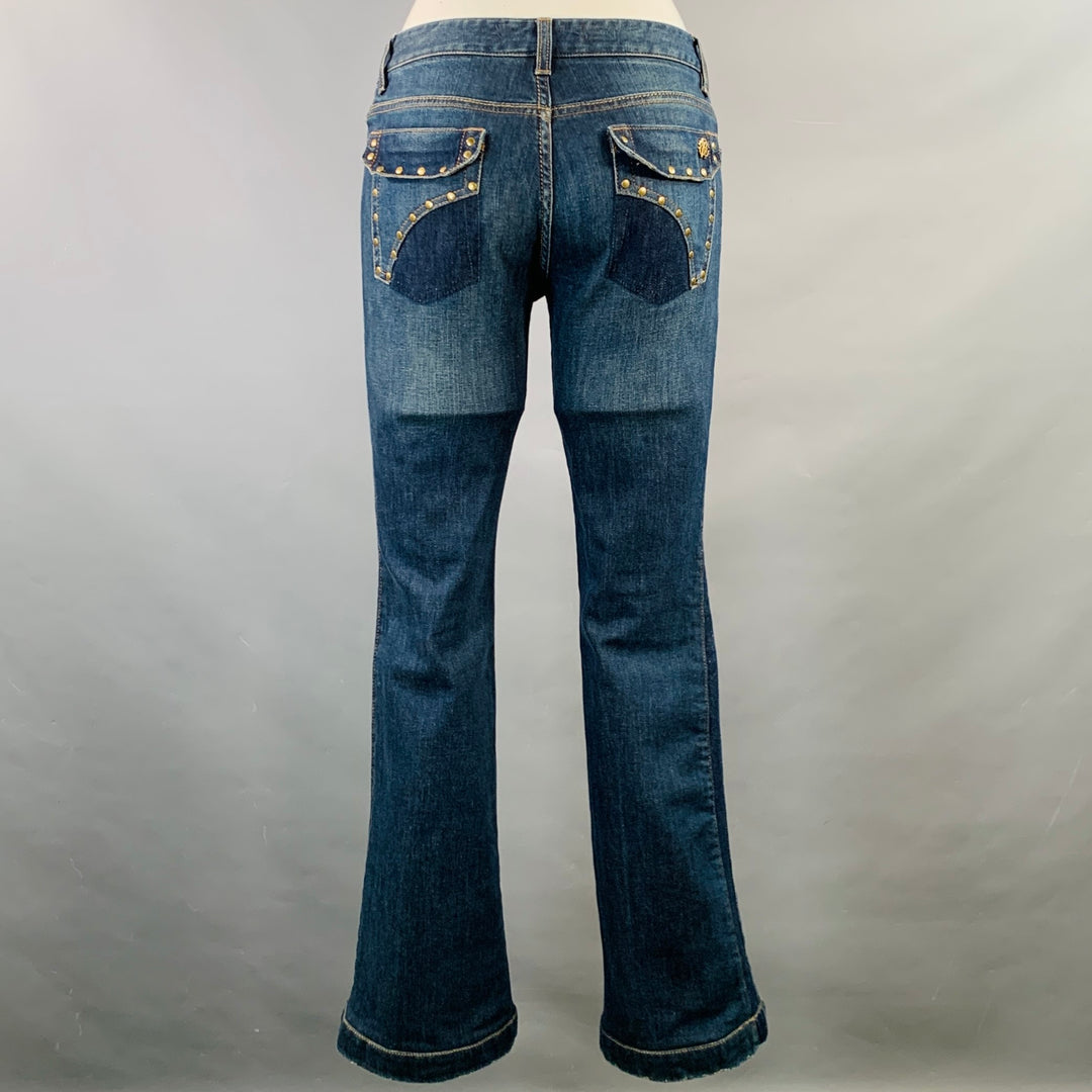 ROBERTO CAVALLI Size 2 Blue Cotton Blend Low Rise Studded Twill Flared Jeans