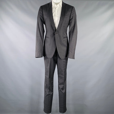 JOHN VARVATOS Size 40 Grey Charcoal Stripe Virgin Wool Suit