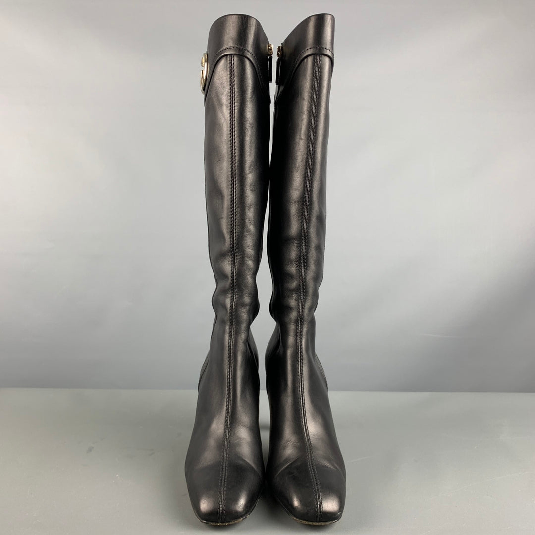 GUCCI Size 6.5 Black Gold Leather Side Zipper Boots