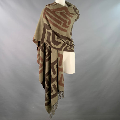LISA CHRISTOFFERSEN Brown Olive African Tribal Pashmina Silk Handpainted Scarf Shawl