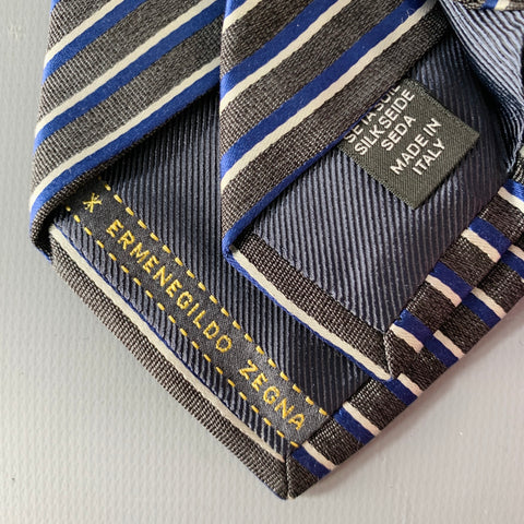 ERMENEGILDO ZEGNA Grey Navy Diagonal Stripe Silk Tie