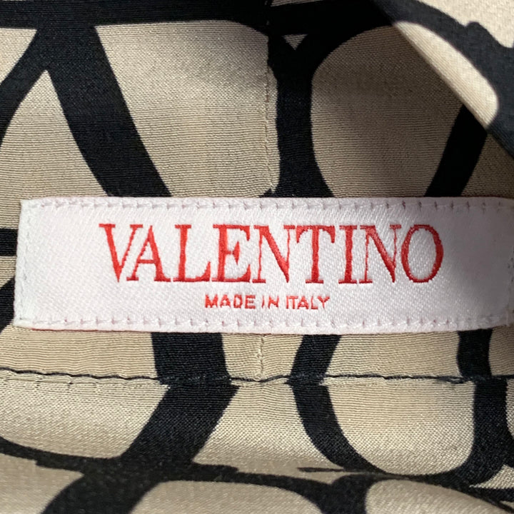 VALENTINO Size M Toile Iconographe Khaki Black Monogram Cotton Bow Long Sleeve Shirt