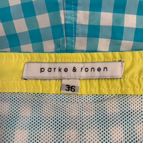 PARKE & RONEN Size 36 Turquoise White Gingham Polyester Blend Swim Trunks