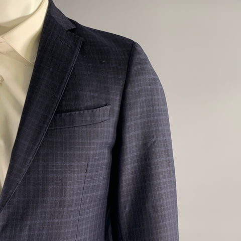 BOGGI Chest Size 36 Navy Blue Tartan Wool Notch Lapel 34 28 Suit