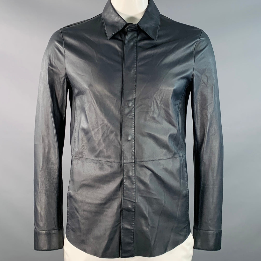 GIORGIO ARMANI Size 42 Navy Lambskin Leather Hidden Snaps Shirt Jacket