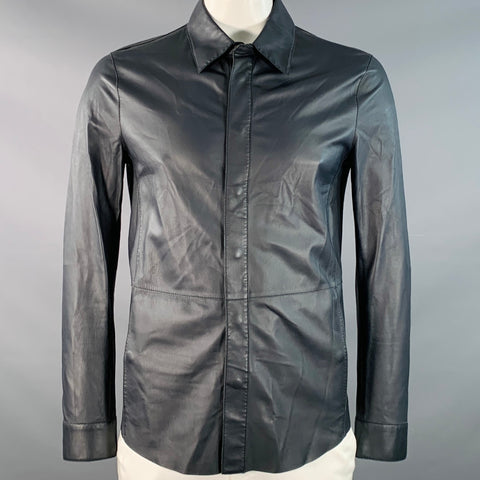 GIORGIO ARMANI Size 42 Navy Lambskin Leather Hidden Snaps Shirt Jacket
