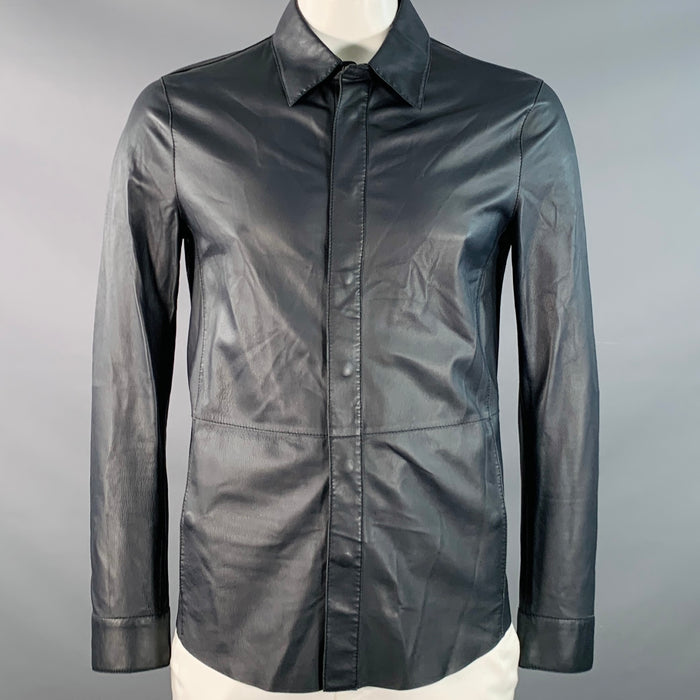 GIORGIO ARMANI Size 42 Navy Lambskin Leather Hidden Snaps Shirt Jacket