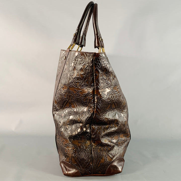 LIBERTY OF LONDON Brown Gold Embossed Leather Oversized Tote Handbag
