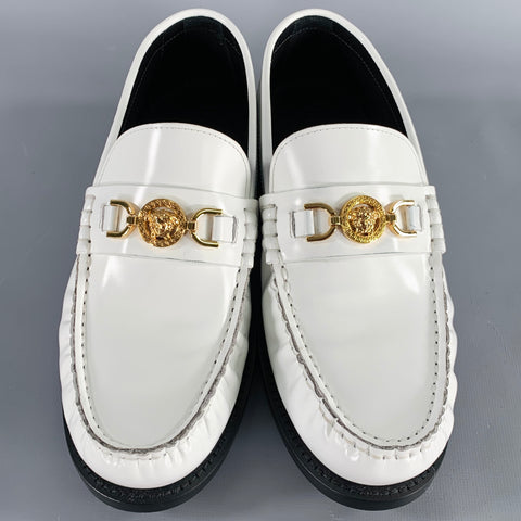 VERSACE Size 9 White Gold Leather Logo Moccasin Flats