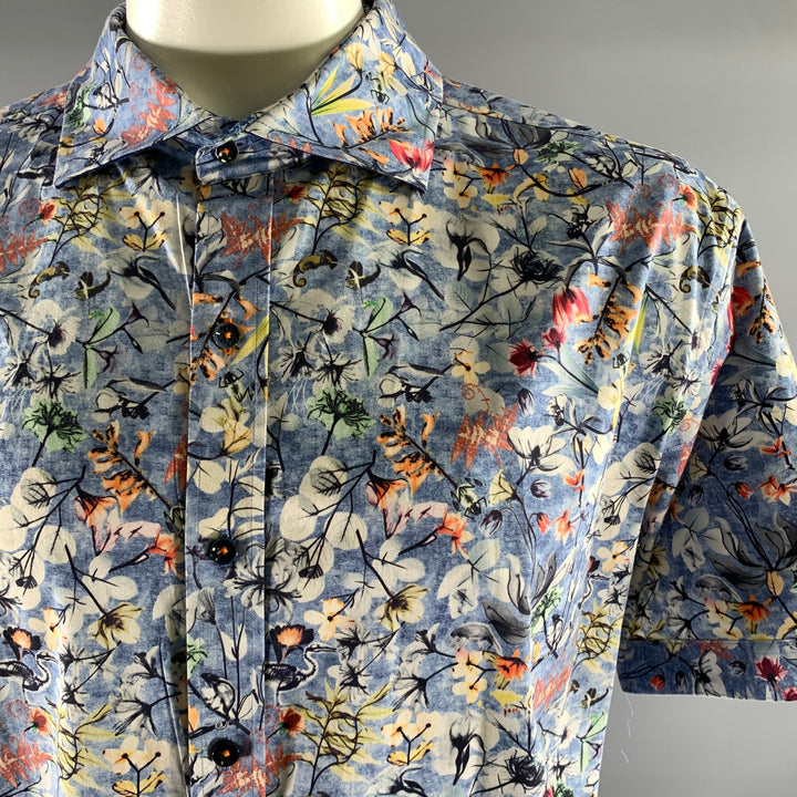ROBERT GRAHAM Size XXXXl Blue Floral Cotton Blend Short Sleeve Shirt