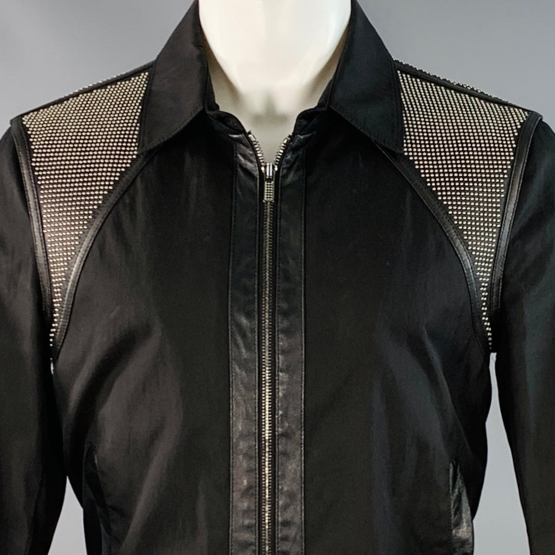 VERSACE Size M Black Silver Studded Cotton Blend Leather Trim Zip Up Jacket