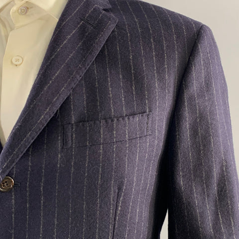 POLO by RALPH LAUREN Chest Size 44 Navy Grey Pinstripe Wool Cashmere 36 30 Suit