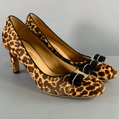 SALVATORE FERRAGAMO Size 9 -Carla- Brown Beige Calf Hair Animal Print Bow Pumps