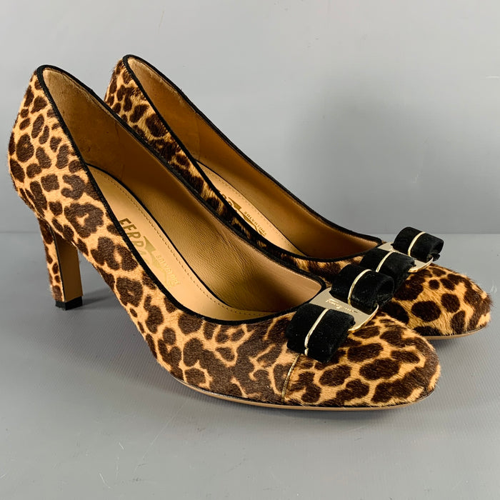 SALVATORE FERRAGAMO Size 9 -Carla- Brown Beige Calf Hair Animal Print Bow Pumps