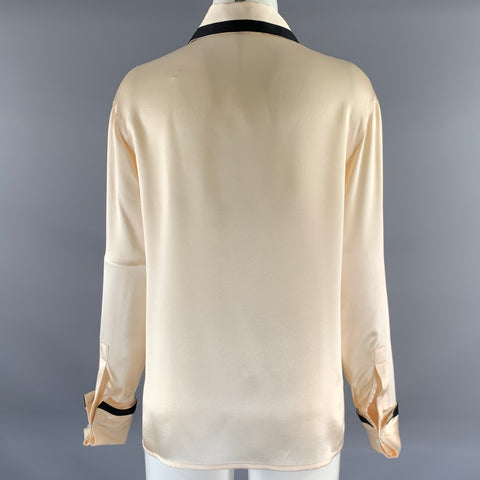CHANEL Size M Cream Black Silk French Cuff Blouse