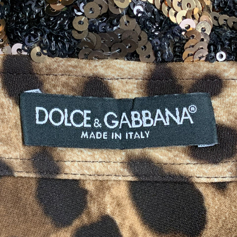 DOLCE & GABBANA Size L Brown Viscose Blend Leopard Sequin Trim Snaps Shirt