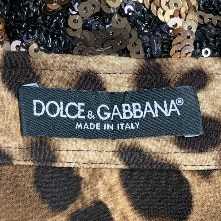 DOLCE & GABBANA Size L Brown Viscose Blend Leopard Sequin Trim Snaps Shirt