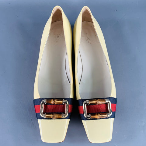 GUCCI Vintage Size 10 Vernice Beige Red Blue Patent Leather Web Bamboo Buckle Flats