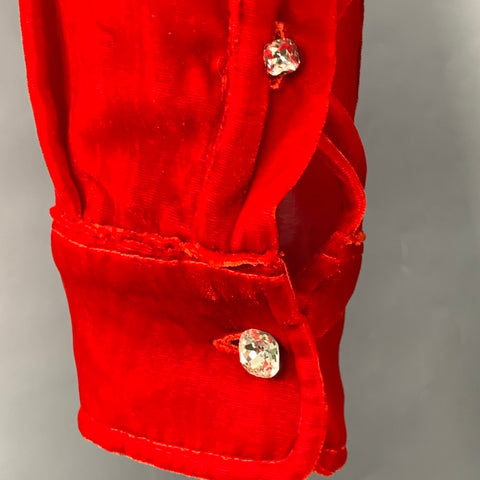 DRIES VAN NOTEN Size S Red Faux Bois Velvet Zip Up Long Sleeve Shirt