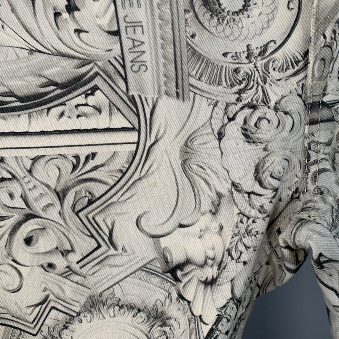 VERSACE JEANS Size 30 White Grey Logo Print Cotton Blend Slim Tapered Jeans