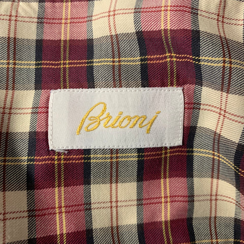 BRIONI Size L Burgundy Tan Tartan Cotton Button Down Long Sleeve Shirt
