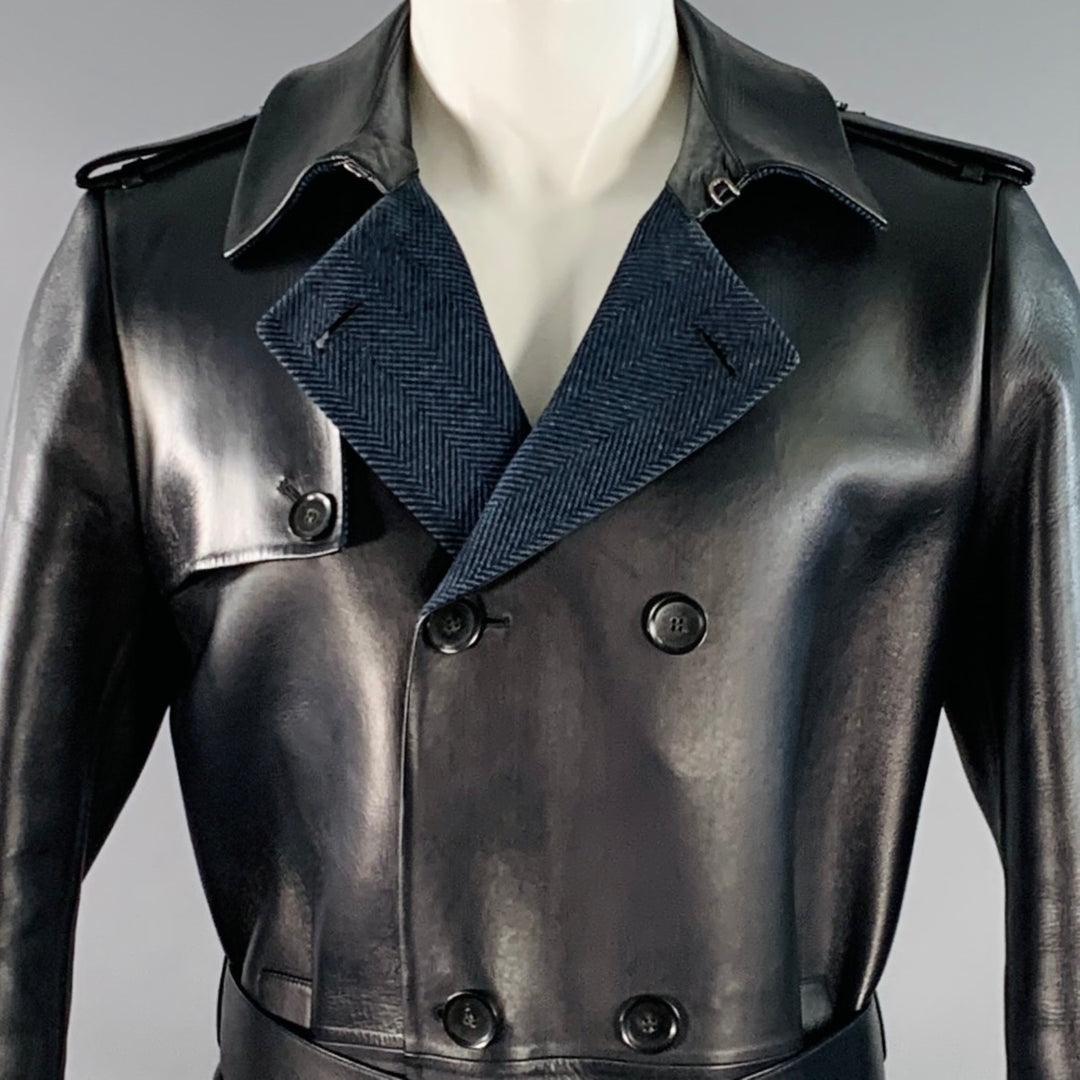 VALENTINO Size 38 Navy Lambskin Leather Double Breasted Belted Trenchcoat