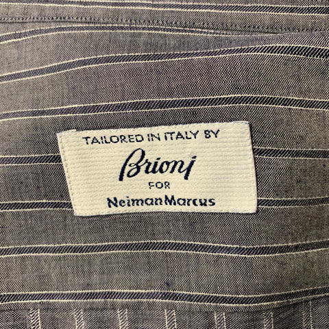 BRIONI Size L Navy Grey Stripe Linen Blend Pointed Collar Long Sleeve Shirt