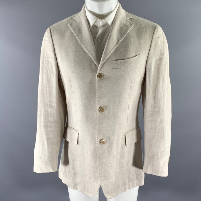 SALVATORE FERRAGAMO Size 38 Cream Herringbone Linen Sport Coat