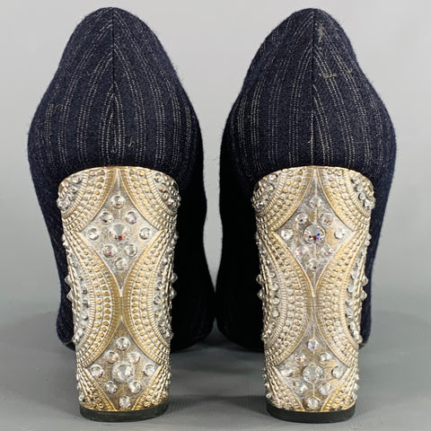 DRIES VAN NOTEN Size 7 Navy Silver Stripe Rhinestone Chunky Heel Pumps