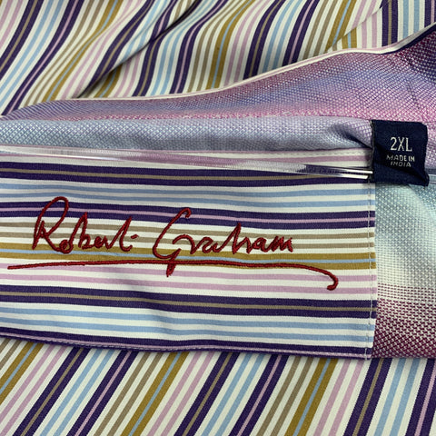 ROBERT GRAHAM Size XXL White Multi Color Stripe Cotton Long Sleeve Shirt