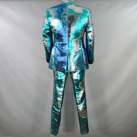 DOLCE & GABBANA Silicia Size 46 Blue Silver Metallic Marbled Polyester Silk 3 Piece Suit