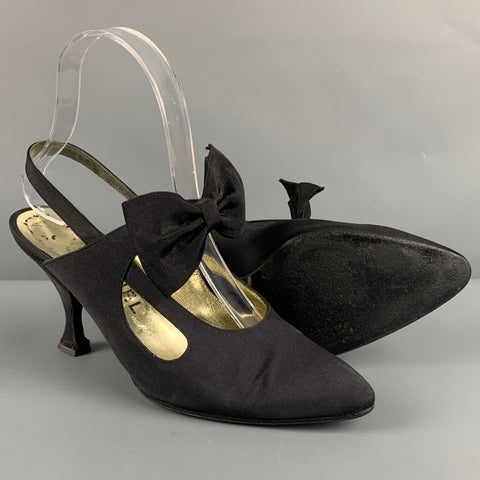 CHANEL Size 7 Black Taffeta Bow Slingback Pumps