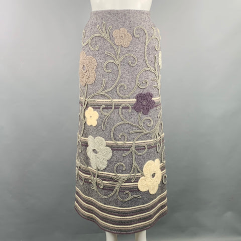 GEOFFREY BEENE 1970s Size XS Grey Embroidered Flowers A-Line Skirt