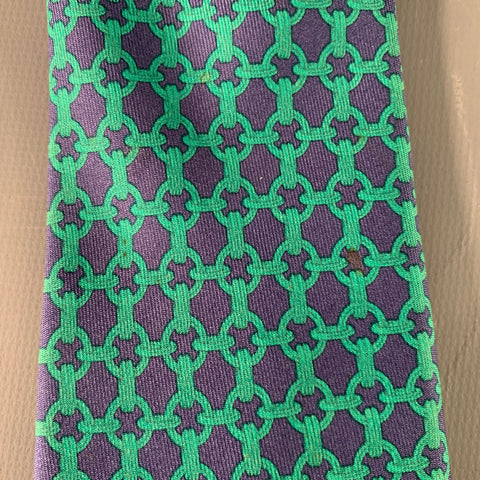 HERMES Navy Green Woven Chain Silk Tie