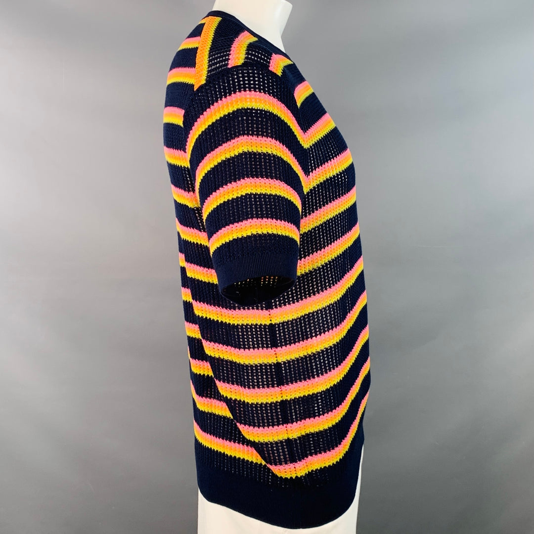 MR TURK Size XL Navy Multi Color Stripe Cotton Knit Mesh T-shirt