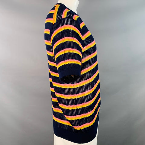 MR TURK Size XL Navy Multi Color Stripe Cotton Knit Mesh T-shirt