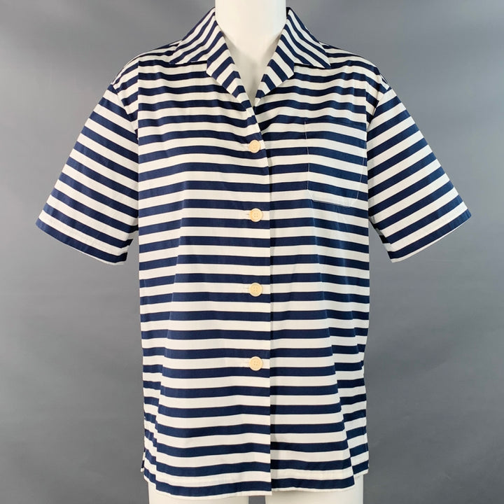 LORO PIANA Size 6 White Navy Cotton Stripe One Pocket Casual Top