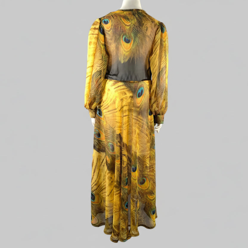 MADAME ADASSA Size XXL Yellow Brown Chiffon Peacock Long Sleeve Ankle Dress