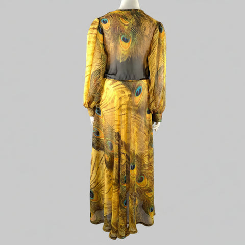 MADAME ADASSA Size XXL Yellow Brown Chiffon Peacock Long Sleeve Ankle Dress