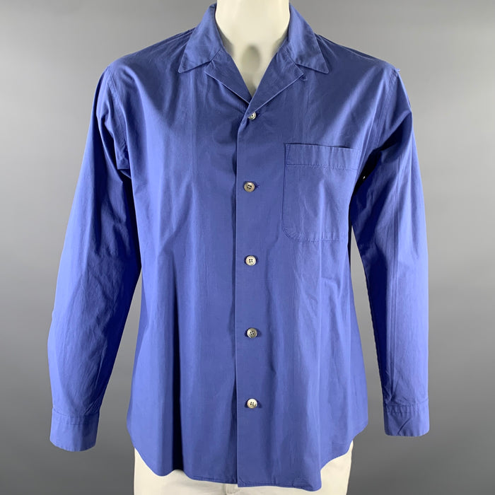 ISSEY MIYAKE Size XL Blue Solid Cotton Camp Long Sleeve Shirt