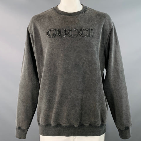GUCCI Size L Grey Logo Cotton Crew Neck Sweatshirt
