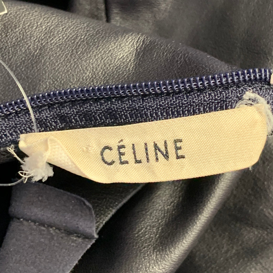 CELINE Size 2 Black Lambskin Leather Long Sleeve Back Zipper Dress Top