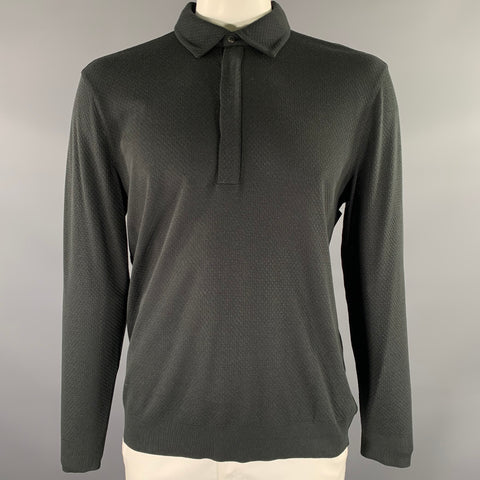 JOHN VARVATOS Size L Black Geometric Lyocel Cotton Long Sleeve Polo