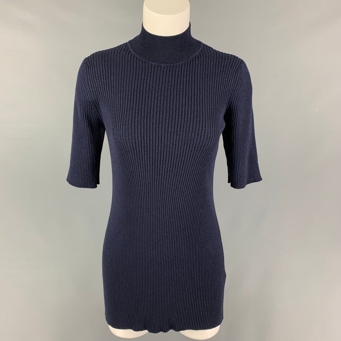 THE ROW Size S Navy Silk Cotton Ribbed Short Sleeve Casual Top