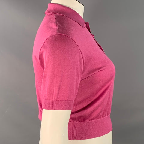 RALPH LAUREN COLLECTION Size L Pink Raspberry Mulberry Silk Embroidered Polo Casual Top