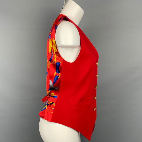 vintage ESCADA Taille 4 Gilet équestre en soie rouge et bleu or