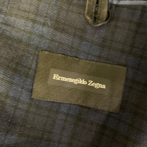 ERMENEGILDO ZEGNA Chest Size 48 Navy Blue Plaid Linen Cotton Wool Sport Coat