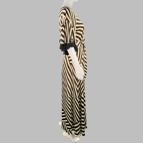 SACHIN & BABI Size 8 Brown Cream Polyester Stripe Short Sleeve Long V-Neck Dress