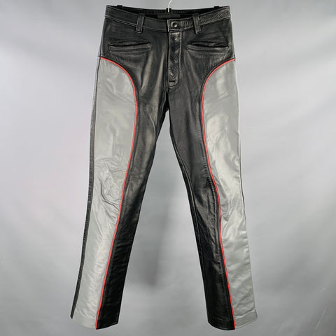 MR. S LEATHER Size 32 Black Grey Red Color Block Leather Snaps Casual Pants